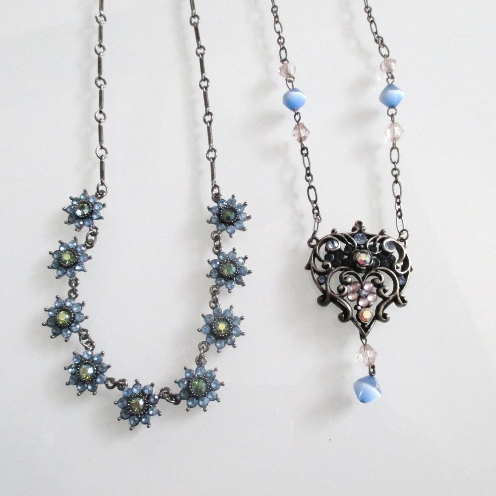 2 Whimsigoth Necklaces Blue Flowers, Art Nouveau
